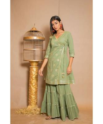 green plain Cotton stitched kurta sets 1
