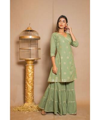green plain Cotton stitched kurta sets 3