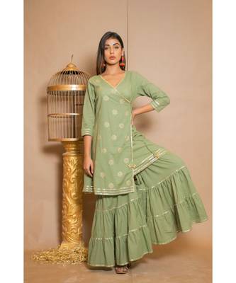green plain Cotton stitched kurta sets 4