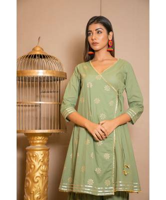 green plain Cotton stitched kurta sets 5
