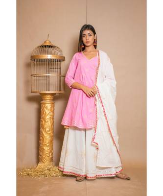 Pink plain Cotton stitched kurta sets 3