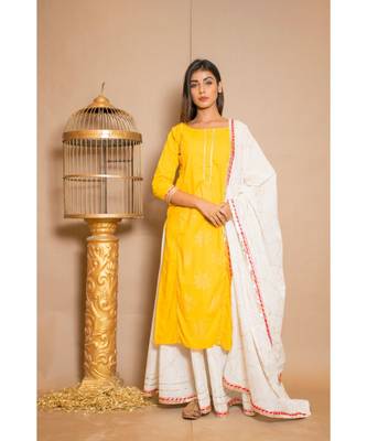 Yellow plain Cotton stitched kurta sets 1