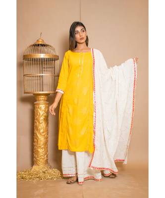 Yellow plain Cotton stitched kurta sets 3
