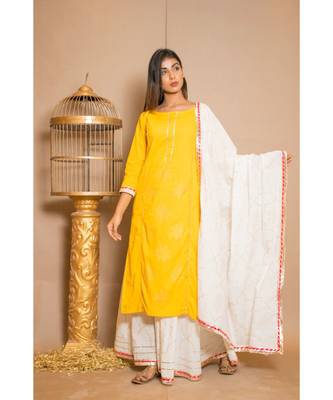 Yellow plain Cotton stitched kurta sets 4