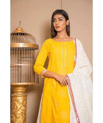 Yellow plain Cotton stitched kurta sets 6