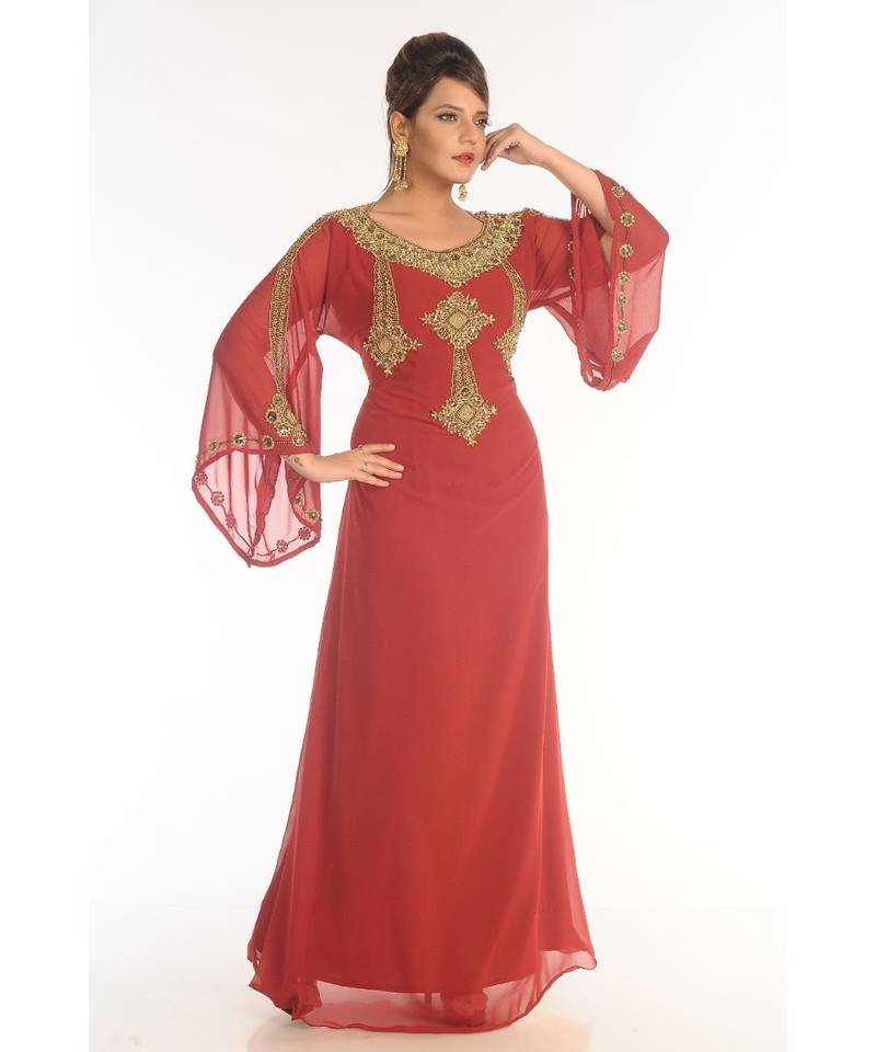 Red Georgette Embroidered Zari_Work Islamic-Kaftans