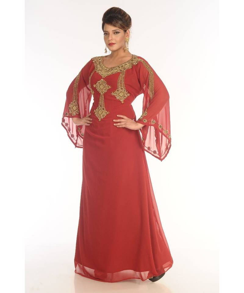 Red Georgette Embroidered Zari_Work Islamic-Kaftans