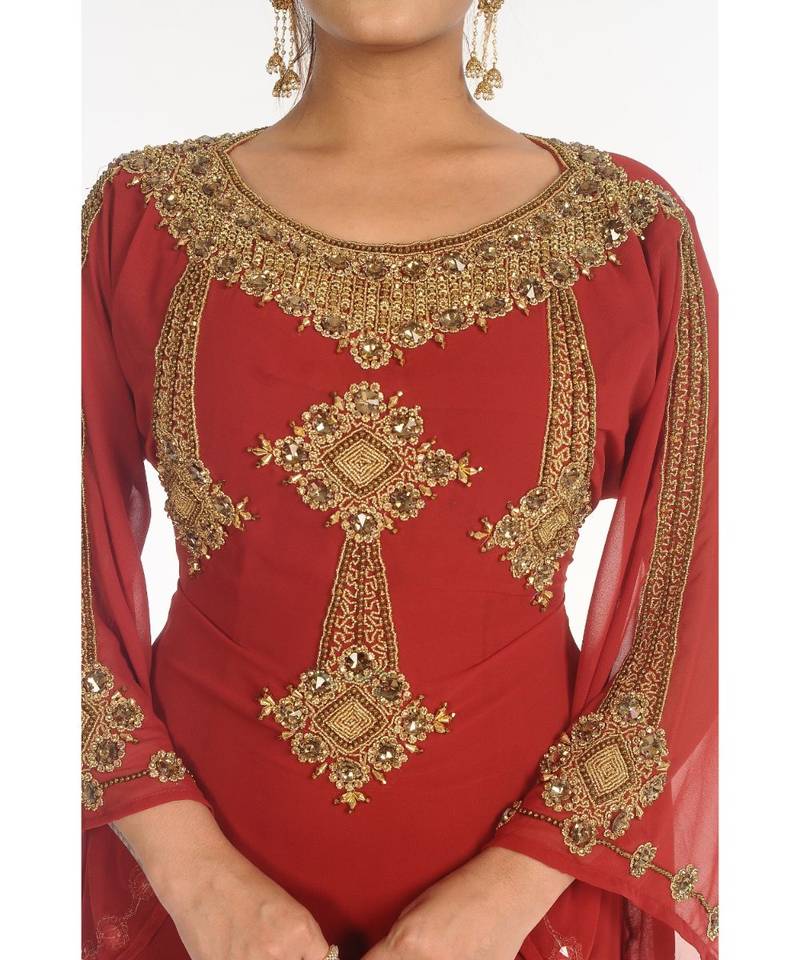 Red Georgette Embroidered Zari_Work Islamic-Kaftans