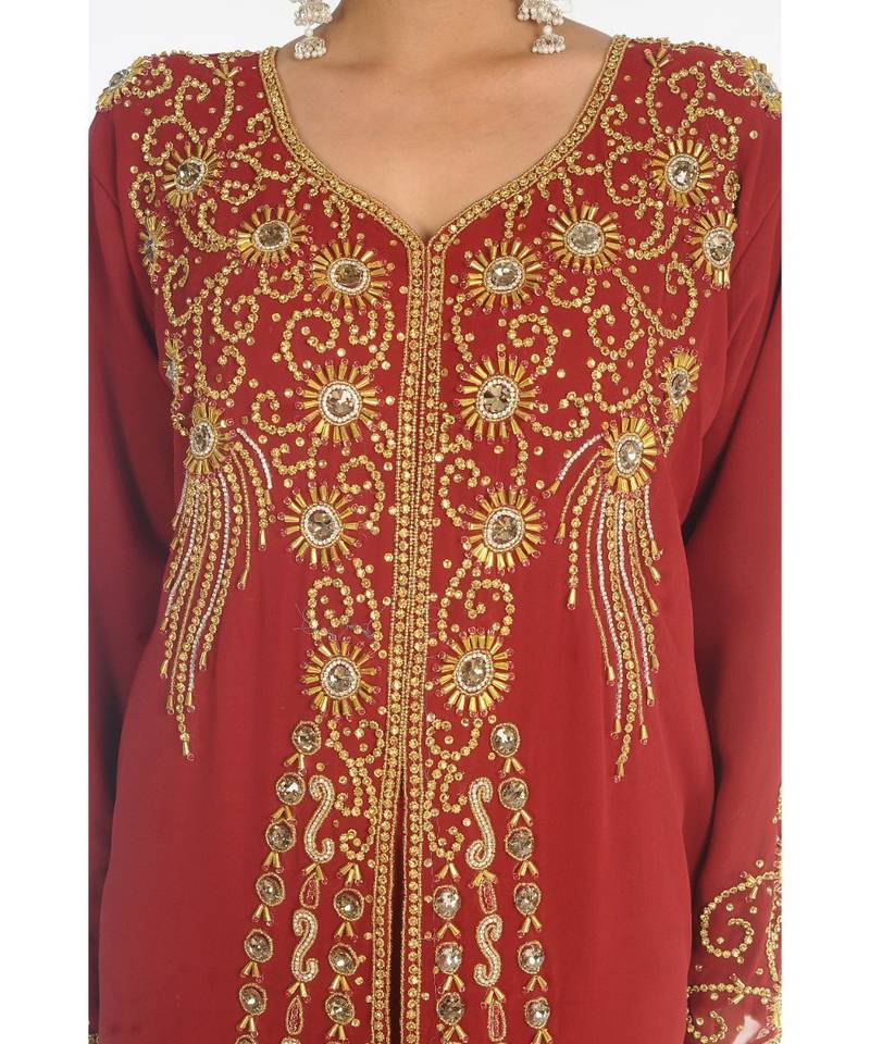 Maroon Georgette Embroidered Zari_Work Islamic-Kaftans
