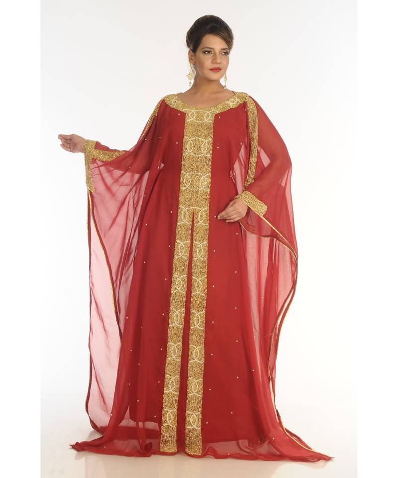Maroon Georgette Embroidered Zari_Work Islamic-Kaftans