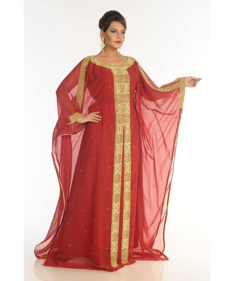 Maroon Georgette Embroidered Zari_Work Islamic-Kaftans