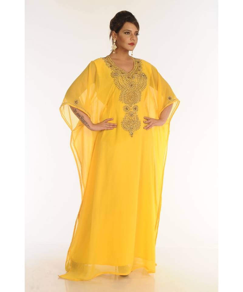 Yellow Georgette Embroidered Zari_Work Islamic-Kaftans