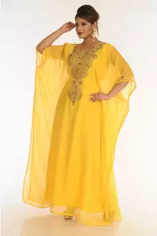Yellow Georgette Embroidered Zari_Work Islamic-Kaftans