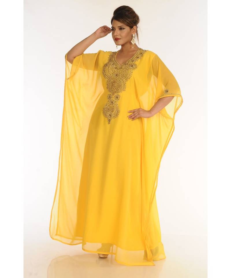 Yellow Georgette Embroidered Zari_Work Islamic-Kaftans