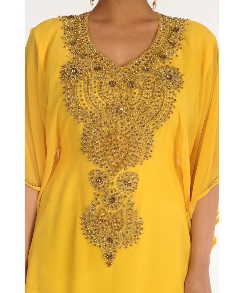 Yellow Georgette Embroidered Zari_Work Islamic-Kaftans