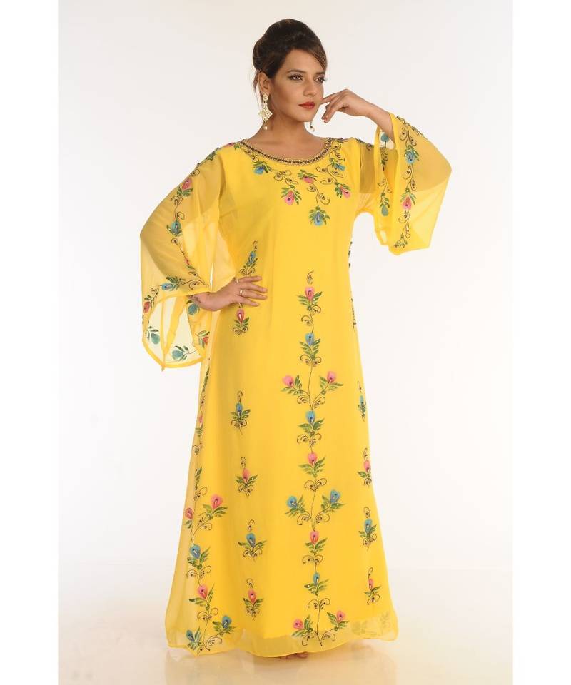 Yellow Georgette Embroidered Zari_Work Islamic-Kaftans