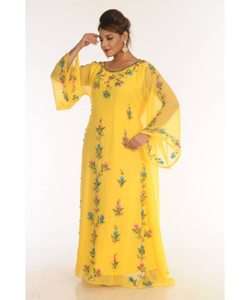 Yellow Georgette Embroidered Zari_Work Islamic-Kaftans