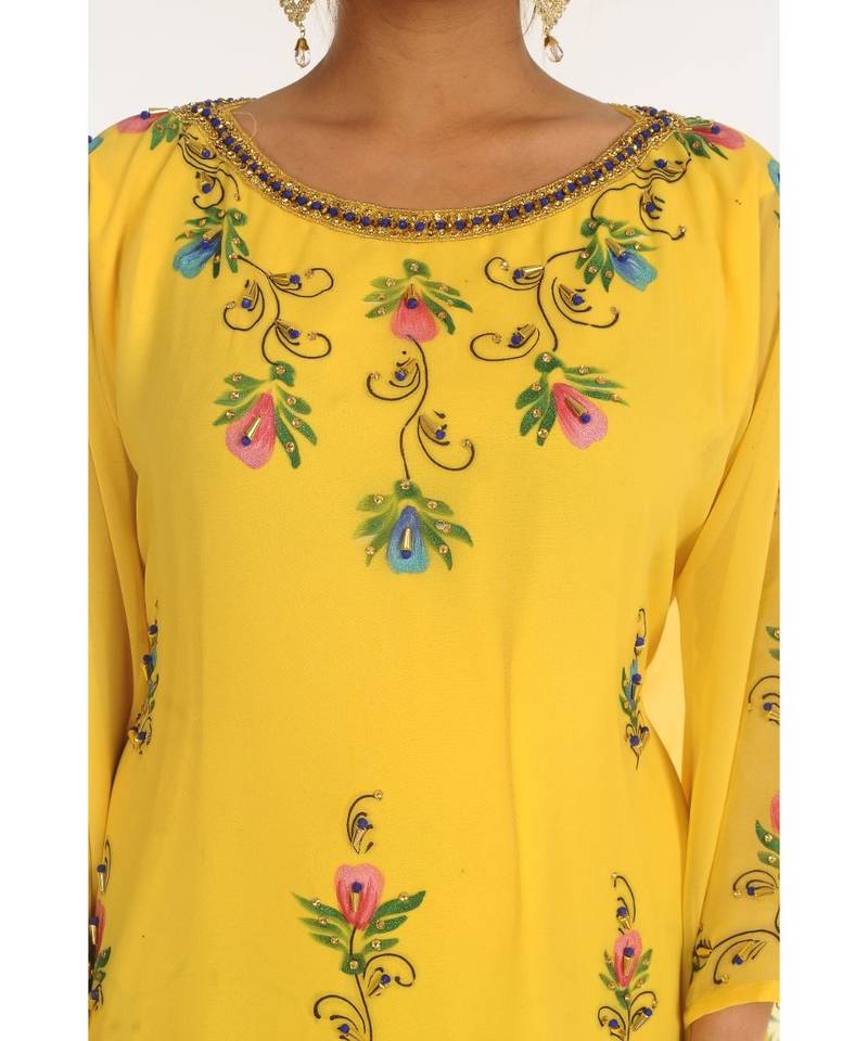 Yellow Georgette Embroidered Zari_Work Islamic-Kaftans