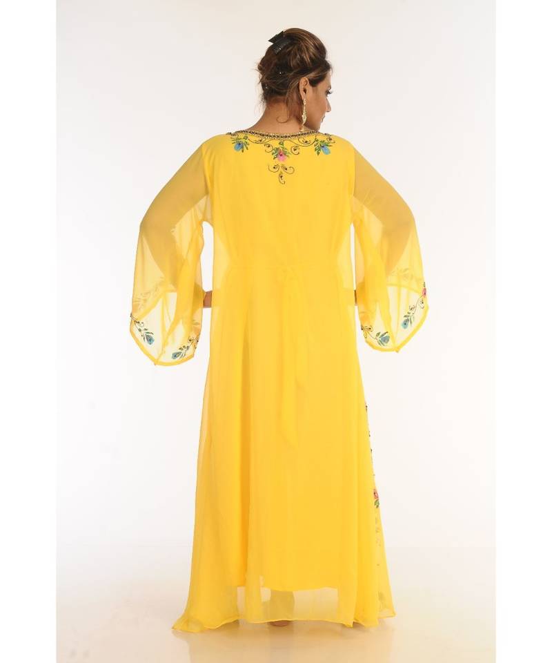 Yellow Georgette Embroidered Zari_Work Islamic-Kaftans