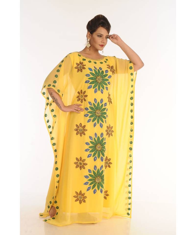 Yellow Georgette Embroidered Zari_Work Islamic-Kaftans