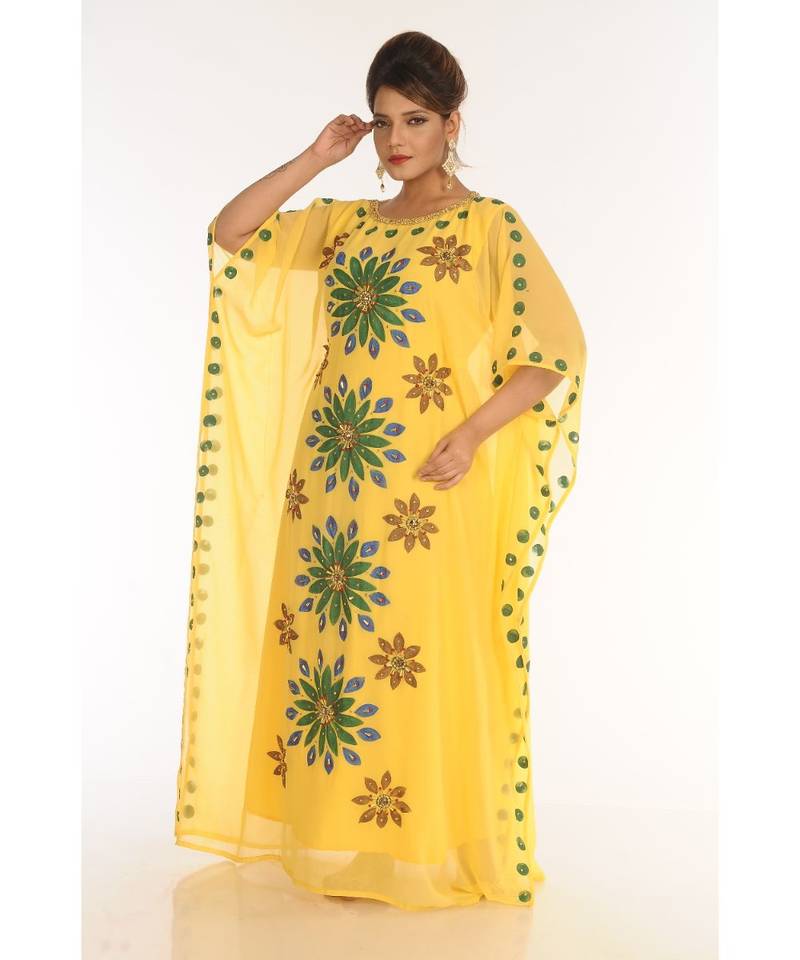 Yellow Georgette Embroidered Zari_Work Islamic-Kaftans