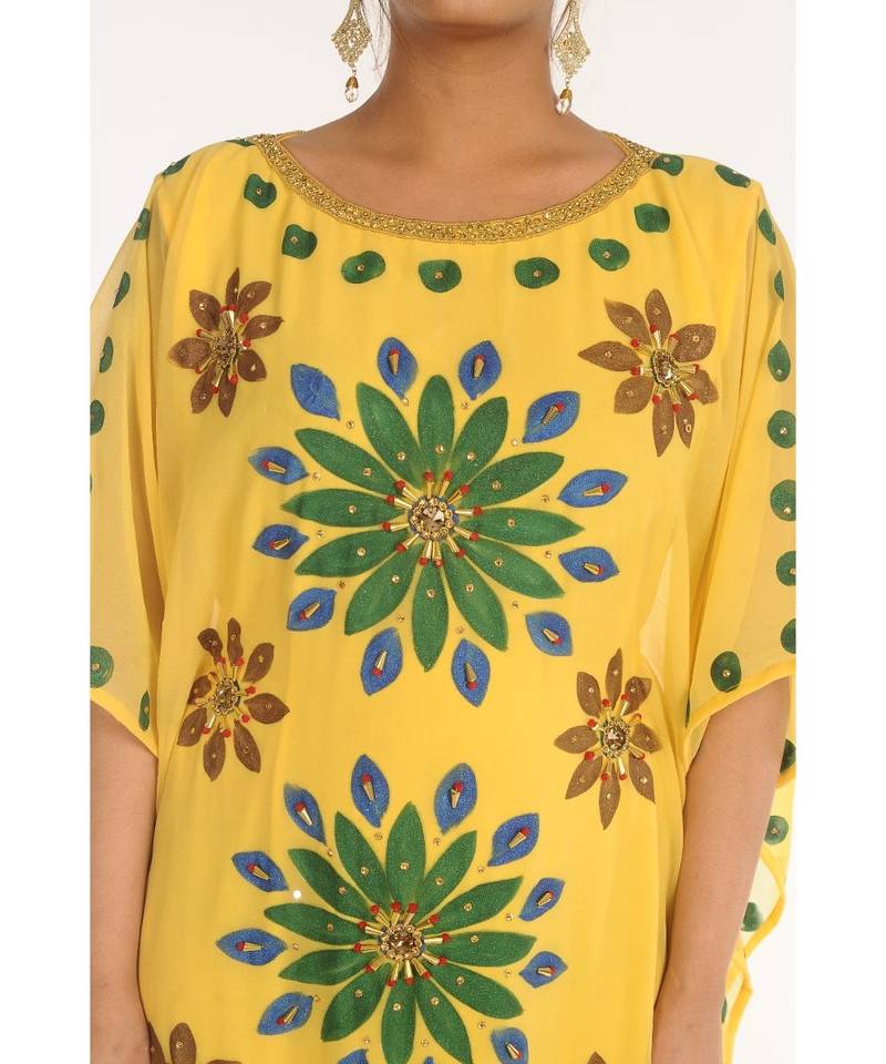 Yellow Georgette Embroidered Zari_Work Islamic-Kaftans