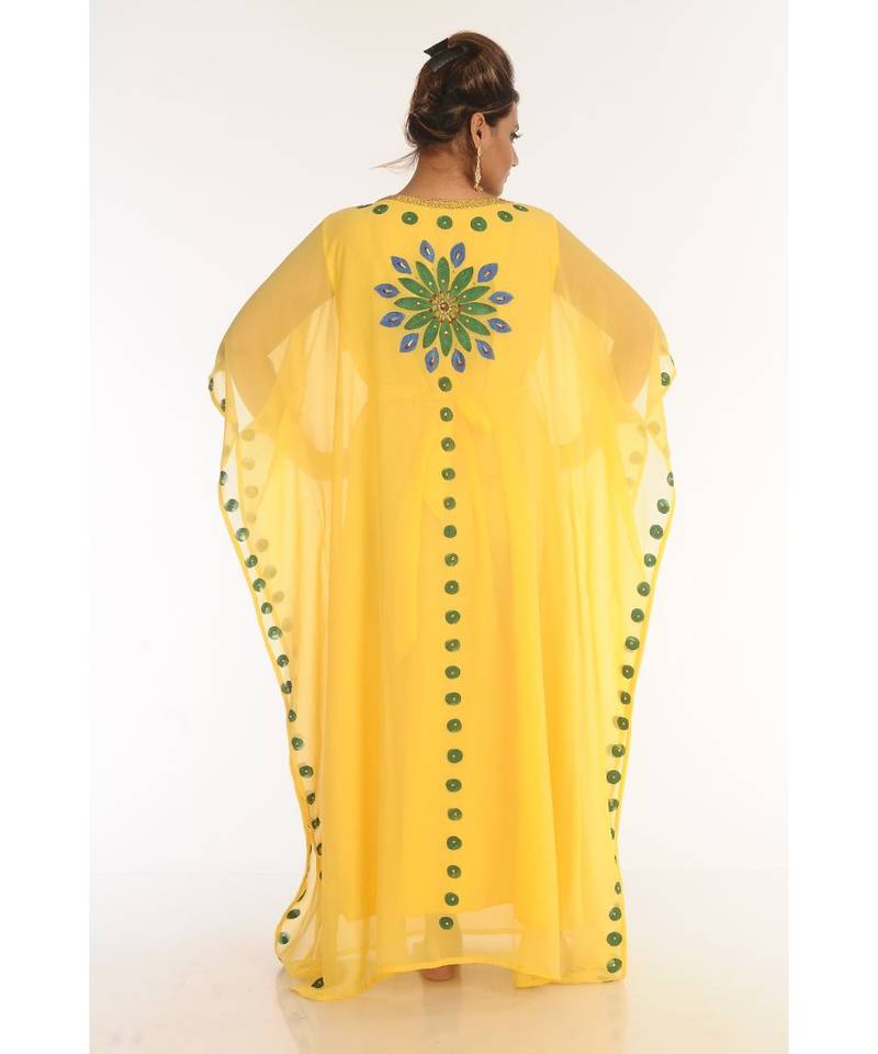 Yellow Georgette Embroidered Zari_Work Islamic-Kaftans