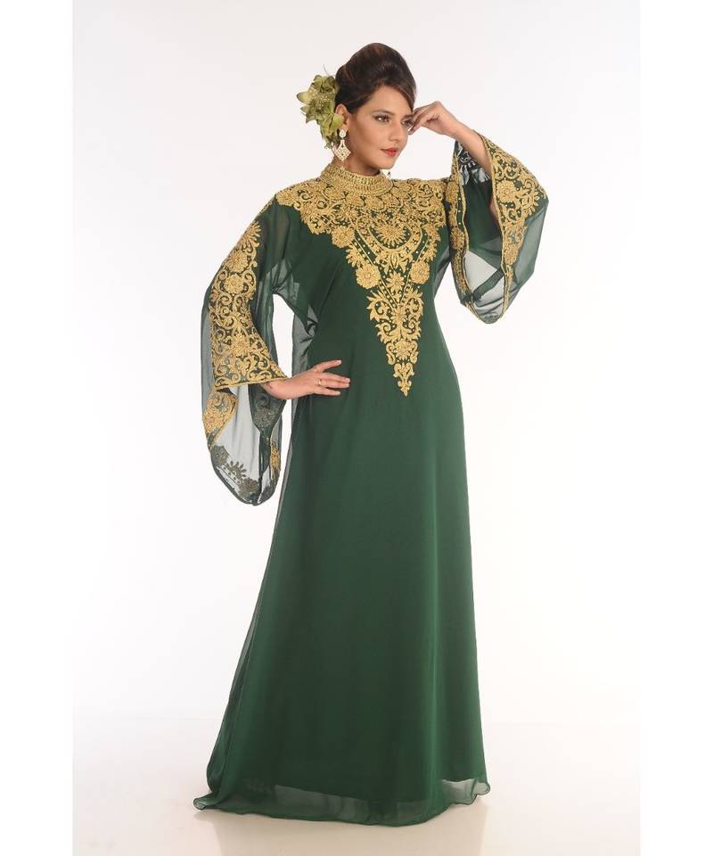 Green Georgette Embroidered Zari_Work Islamic-Kaftans