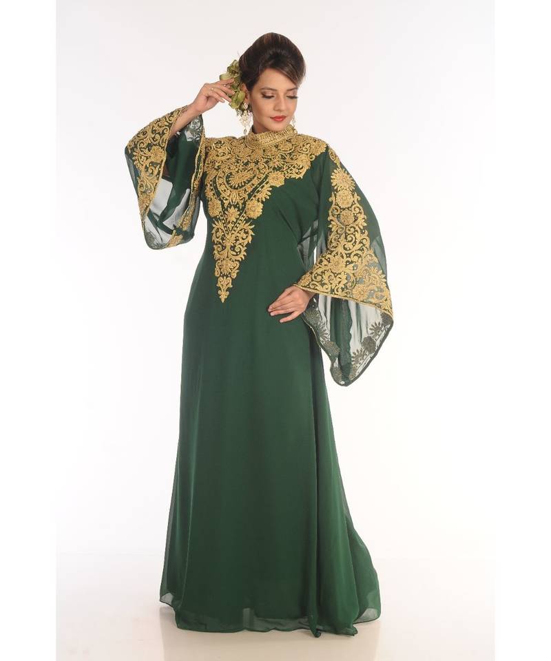 Green Georgette Embroidered Zari_Work Islamic-Kaftans