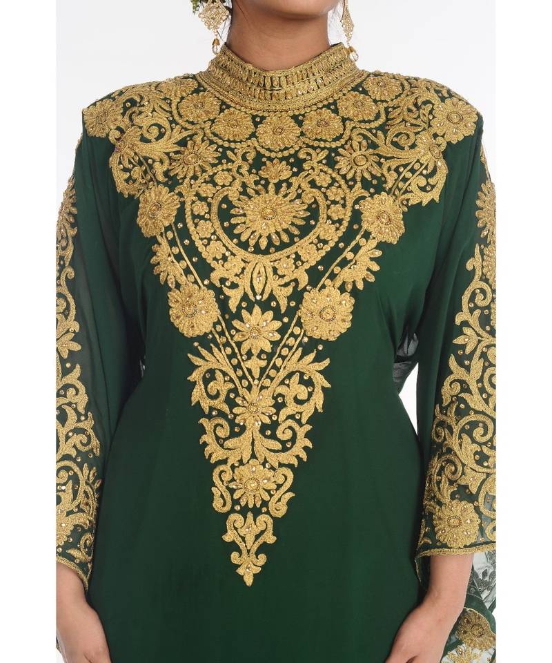 Green Georgette Embroidered Zari_Work Islamic-Kaftans