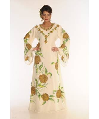 Cream Georgette Embroidered Zari_Work Islamic-Kaftans 1