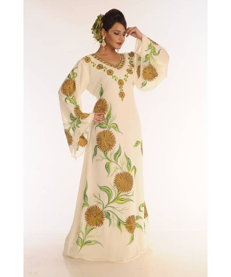 Cream Georgette Embroidered Zari_Work Islamic-Kaftans