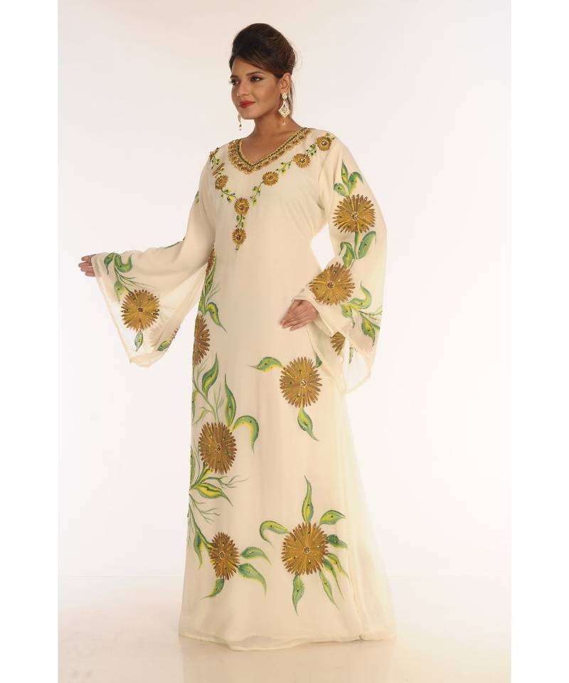 Cream Georgette Embroidered Zari_Work Islamic-Kaftans