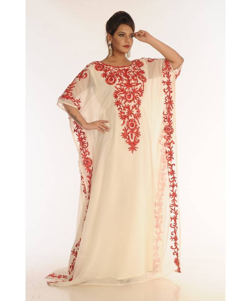Cream Georgette Embroidered Zari_Work Islamic-Kaftans