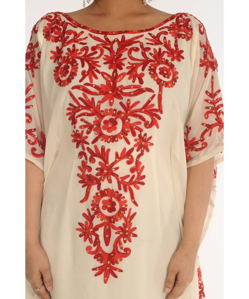 Cream Georgette Embroidered Zari_Work Islamic-Kaftans