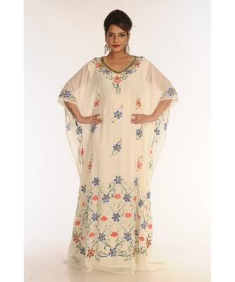 Cream Georgette Embroidered Zari_Work Islamic-Kaftans 1