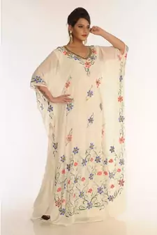 Cream Georgette Embroidered Zari_Work Islamic-Kaftans