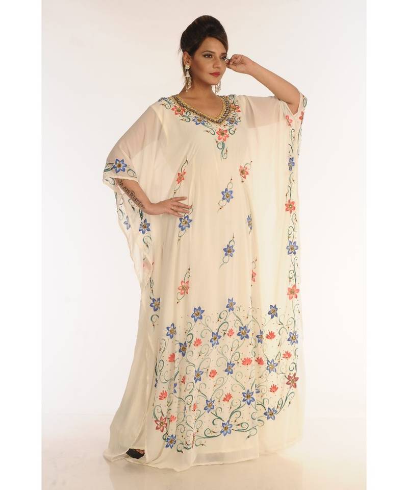 Cream Georgette Embroidered Zari_Work Islamic-Kaftans