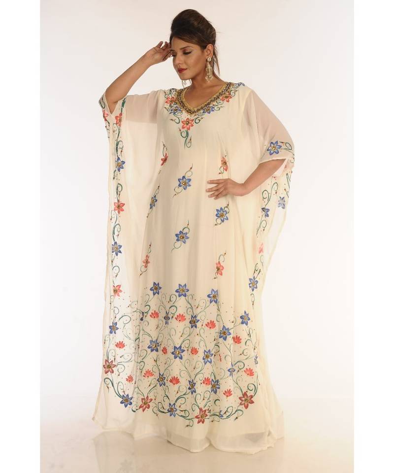 Cream Georgette Embroidered Zari_Work Islamic-Kaftans