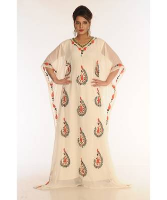 Cream Georgette Embroidered Zari_Work Islamic-Kaftans 1