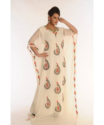 Cream Georgette Embroidered Zari_Work Islamic-Kaftans 2