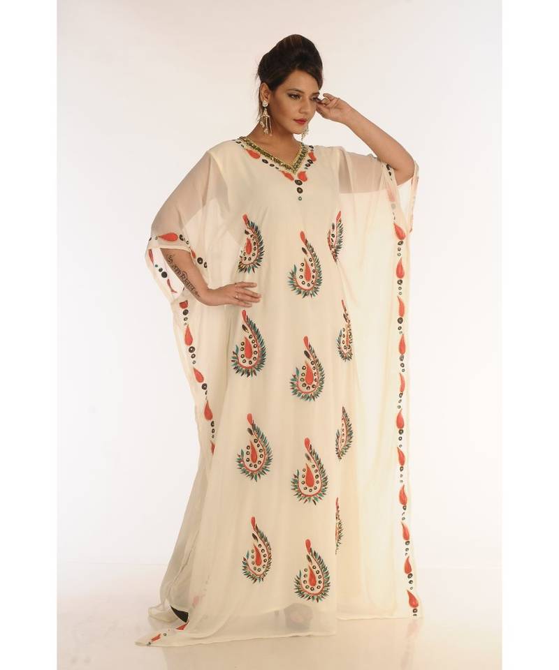 Cream Georgette Embroidered Zari_Work Islamic-Kaftans
