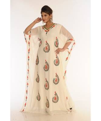 Cream Georgette Embroidered Zari_Work Islamic-Kaftans 3
