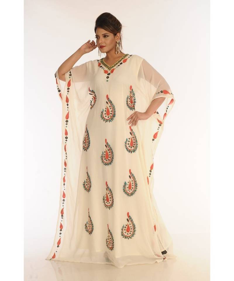 Cream Georgette Embroidered Zari_Work Islamic-Kaftans