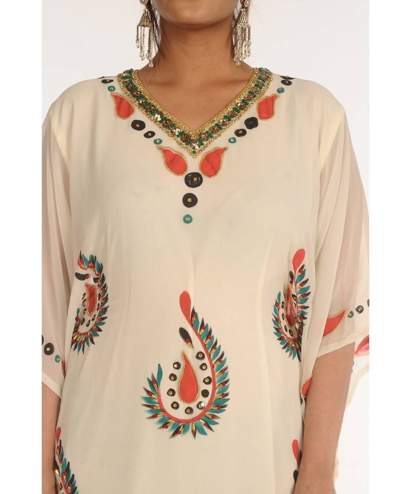 Cream Georgette Embroidered Zari_Work Islamic-Kaftans