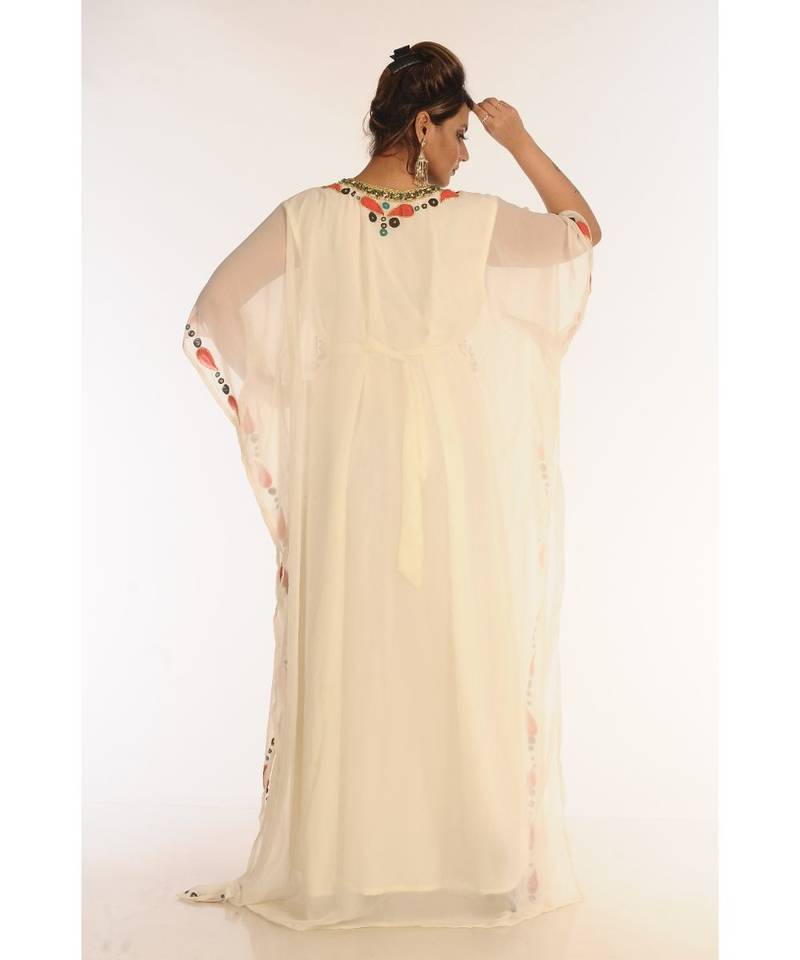 Cream Georgette Embroidered Zari_Work Islamic-Kaftans