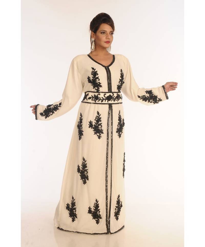 Cream Georgette Embroidered Zari_Work Islamic-Kaftans