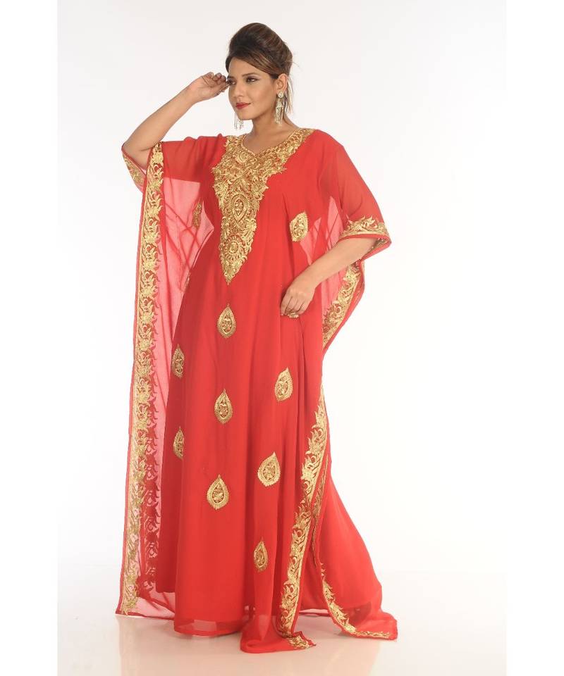 Red Georgette Embroidered Zari_Work Islamic-Kaftans