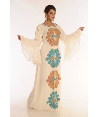 Cream Georgette Embroidered Zari_Work Islamic-Kaftans 2