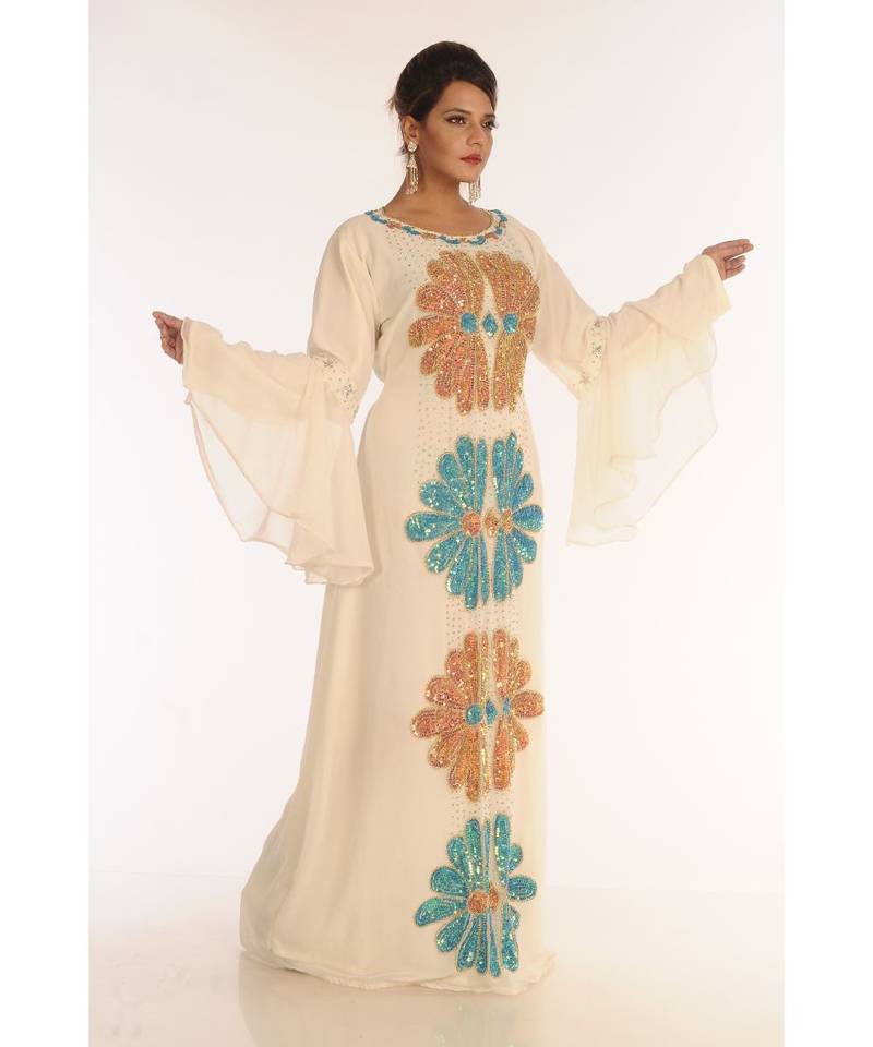 Cream Georgette Embroidered Zari_Work Islamic-Kaftans